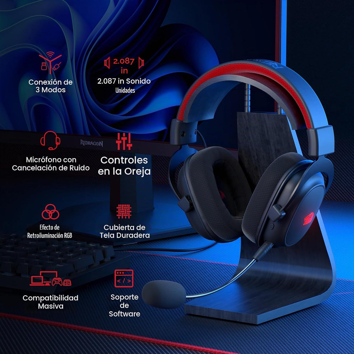 Diadema Gamer Inalámbrica Zeus Pro H510 RGB de Redragon, vista adicional 3