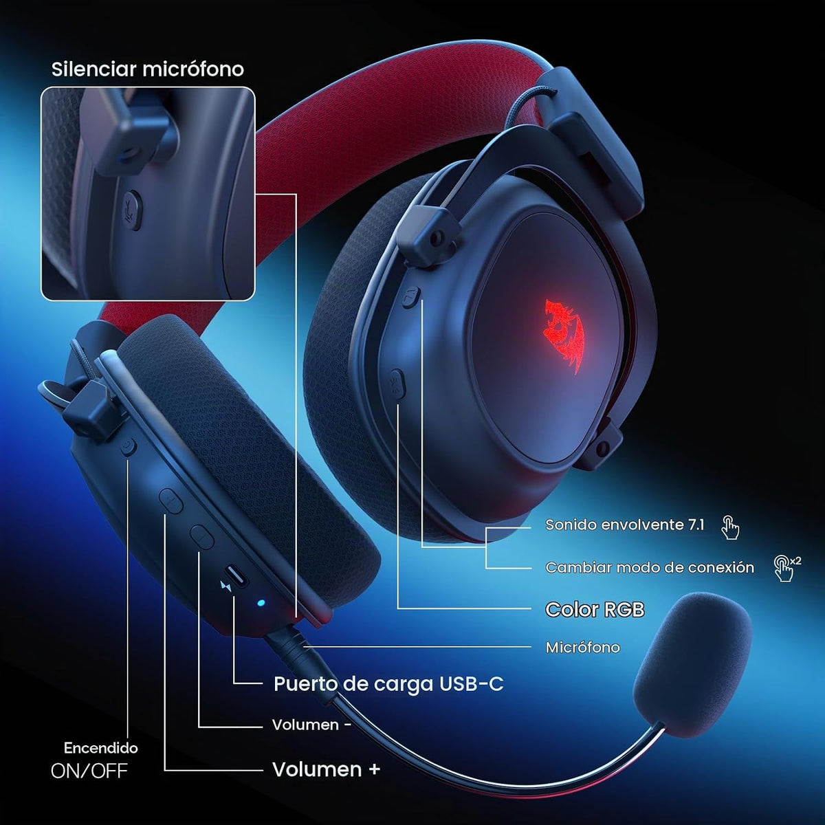 Diadema Gamer Inalámbrica Zeus Pro H510 RGB de Redragon, vista adicional 8