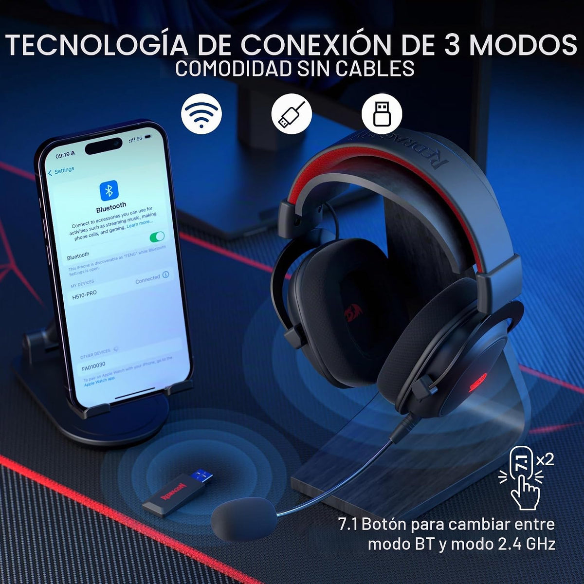 Diadema Gamer Inalámbrica Zeus Pro H510 RGB de Redragon, vista adicional 2